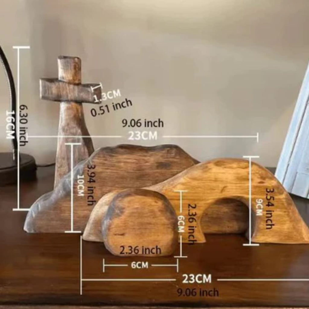 Wooden empty tomb Easter scene with cross and dimensional callouts, displayed on a wooden surface.