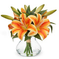 Orange tiger lily artificial flower arrangement with six silk heads in a clear glass vase with faux water, isolated on white.