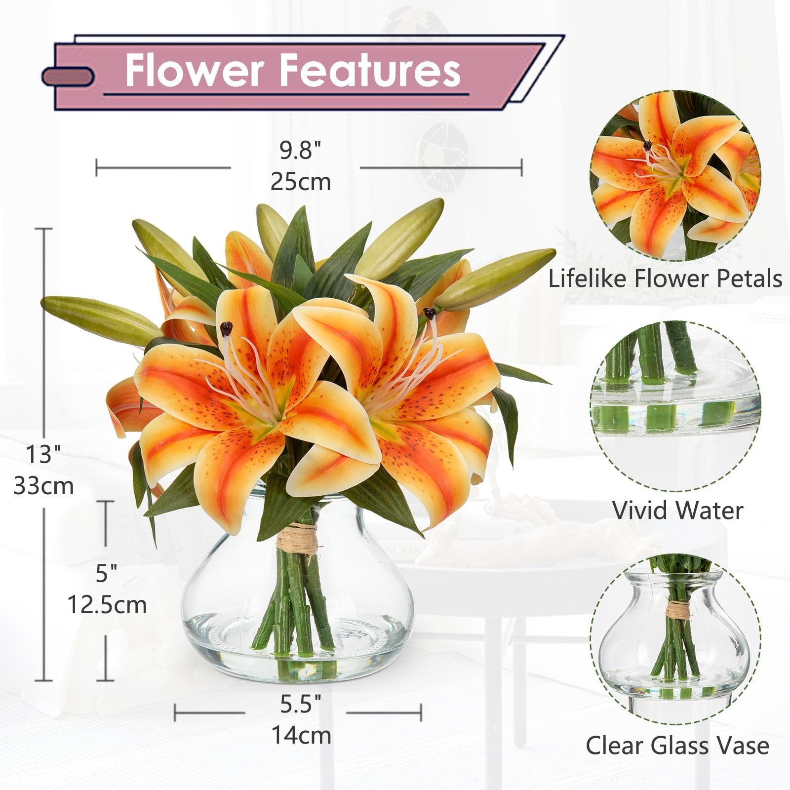 Orange tiger lily artificial flower arrangement in a glass vase with faux water, showing dimensions and features.