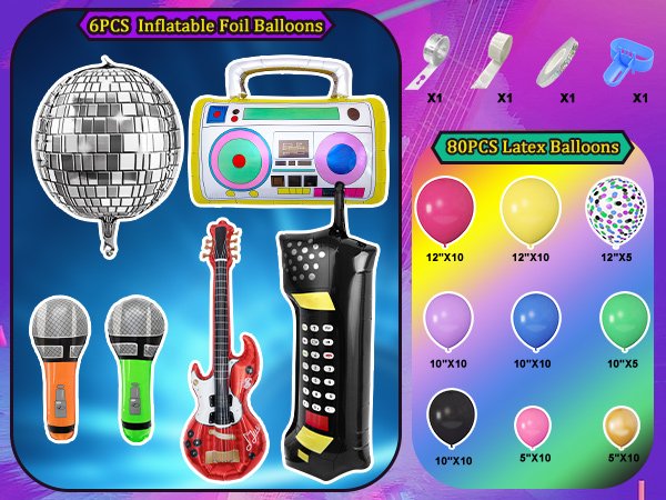 90s themed balloon garland kit with disco ball, boom box, guitar, microphones, retro phone, and latex balloons