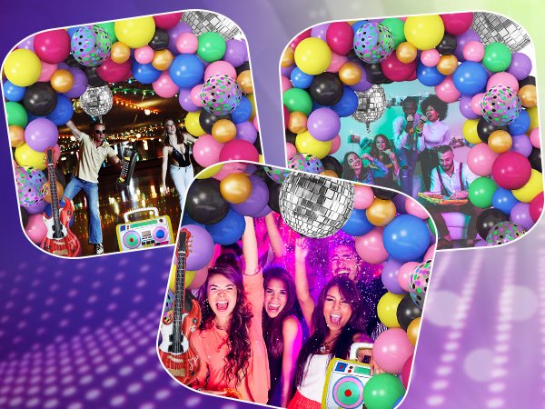 Collage of 80s/90s themed balloon garland with disco balls, boom boxes, guitars, and people celebrating.