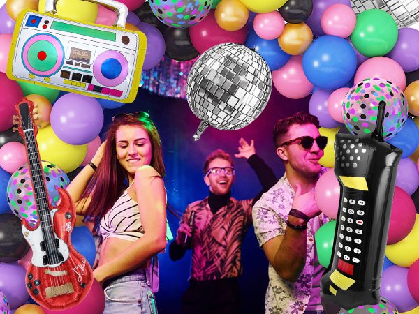 Retro party scene with people dancing surrounded by balloons, disco ball, boom box, guitar, and retro phone foil balloons.