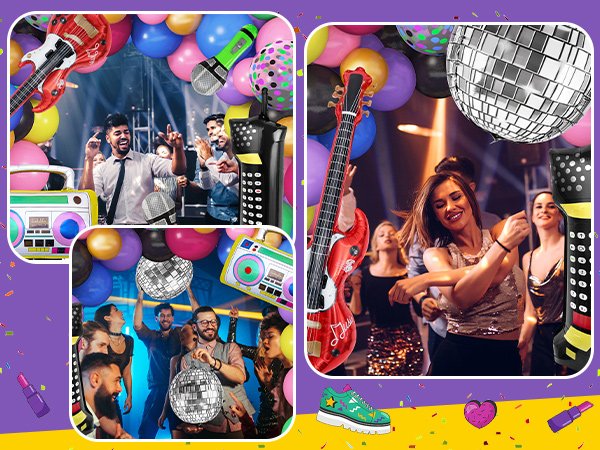 Collage of party scenes with 80s/90s theme balloons, disco balls, guitars, microphones, boom boxes, and people dancing.