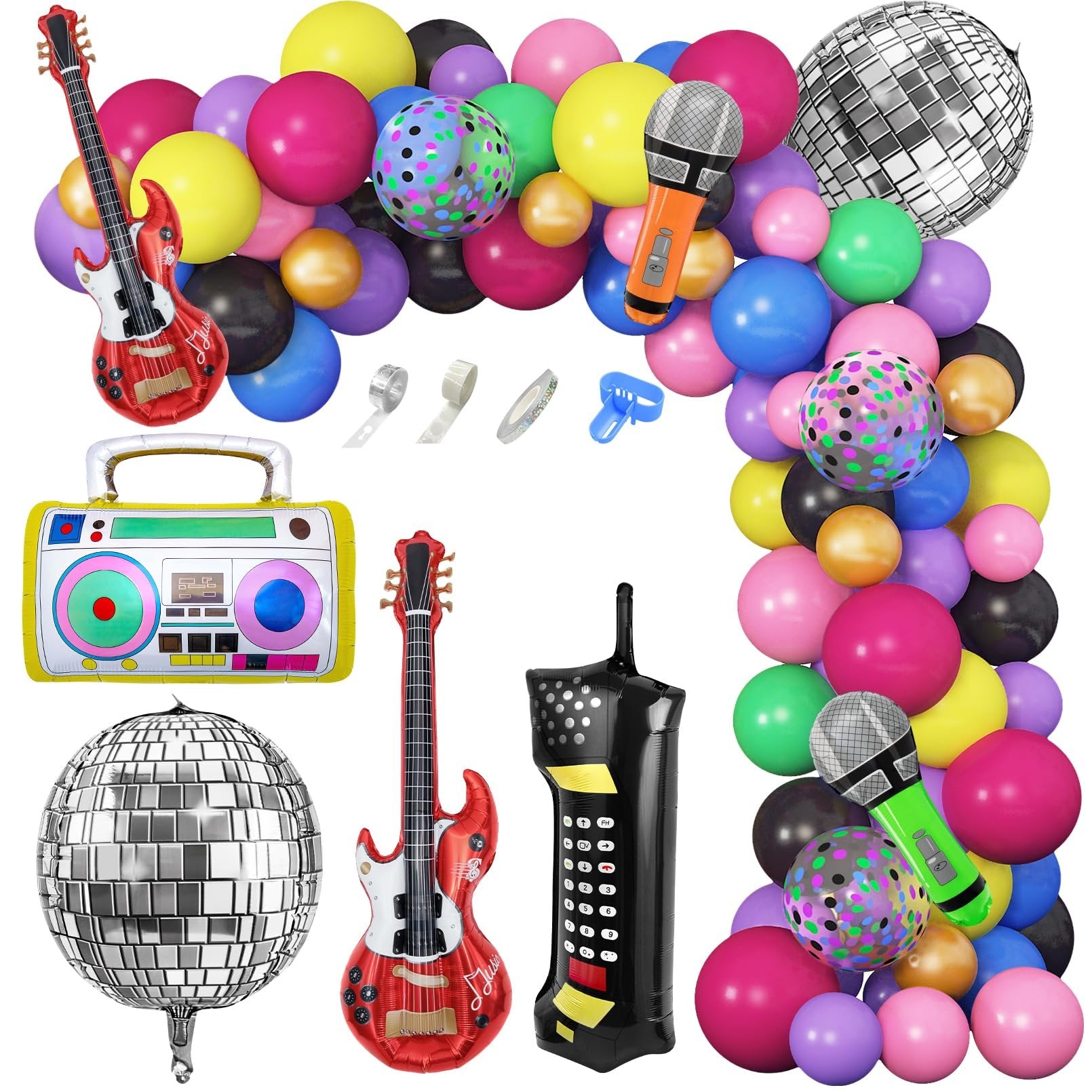 90s themed balloon garland kit with foil balloons of a disco ball, boom box, guitar, microphone, and retro phone.