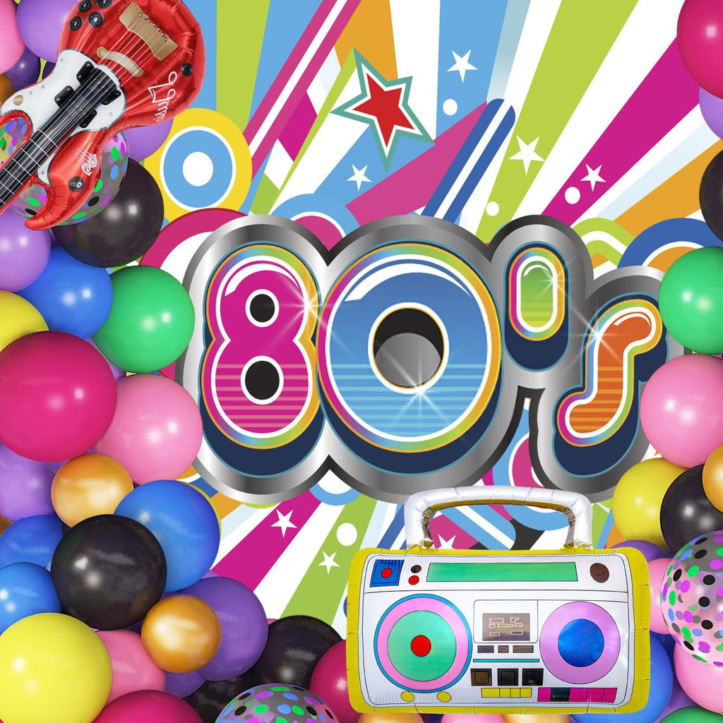 Retro 80s/90s themed party balloons and foil inflatables including a guitar, boom box, and disco ball.