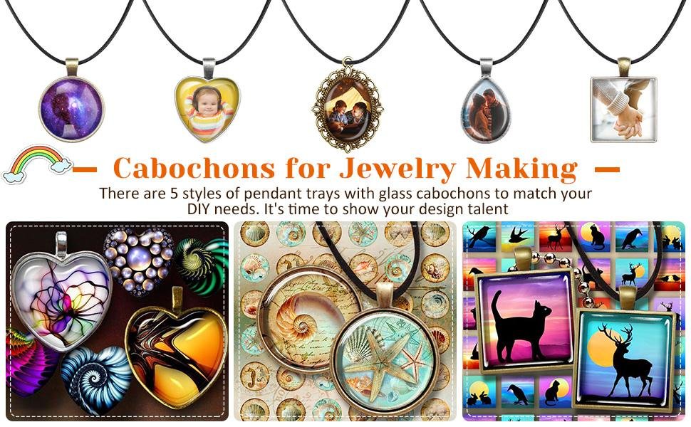 Assortment of pendant trays with glass cabochons and necklace cords for jewelry making