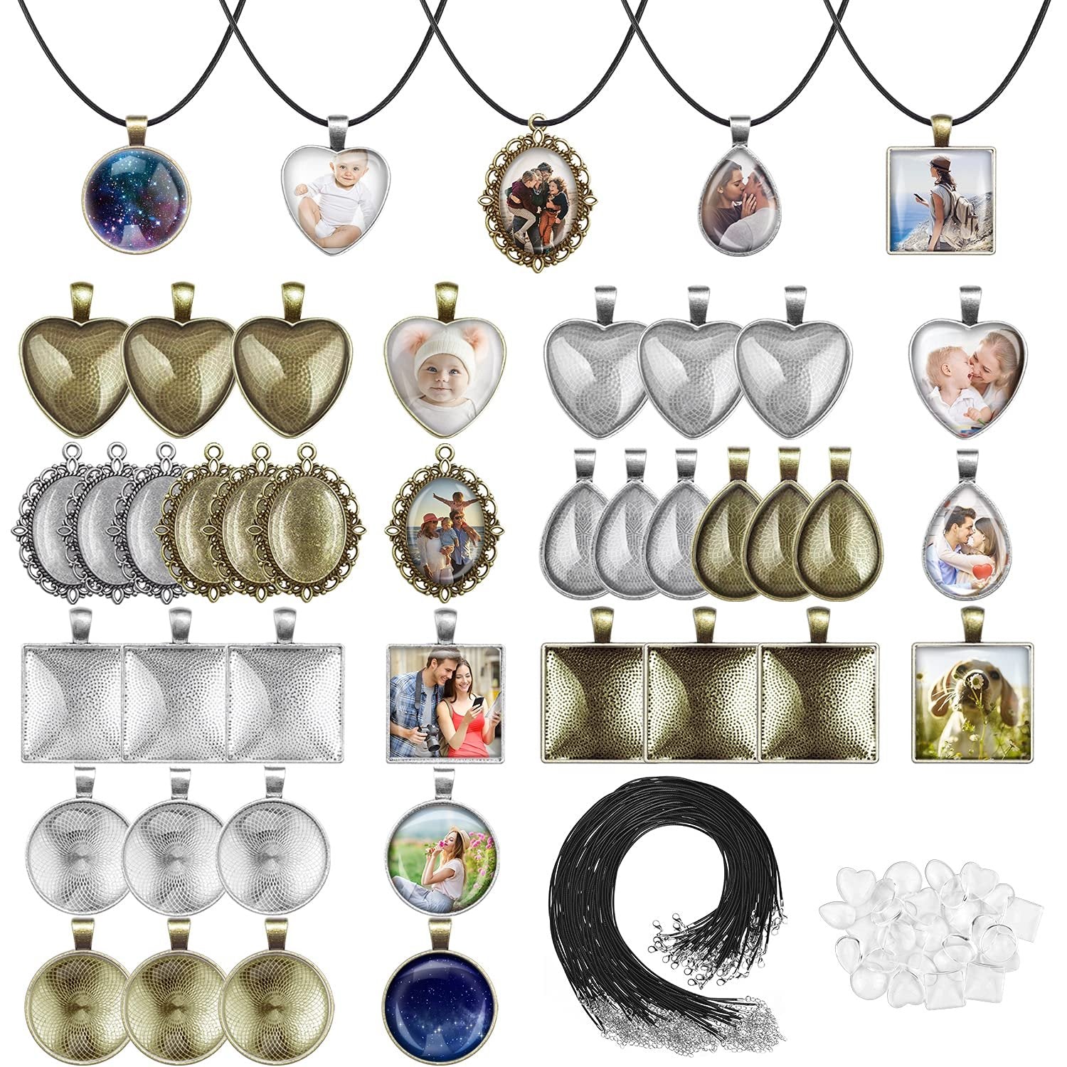 Assortment of bezel pendant trays in various shapes and finishes, with glass cabochons and necklace cords for jewelry making.