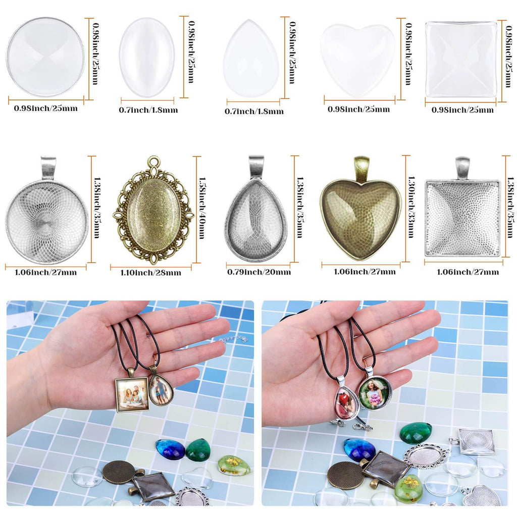 Assortment of bezel pendant trays and glass cabochons in various shapes and sizes, with hands holding finished pendants.
