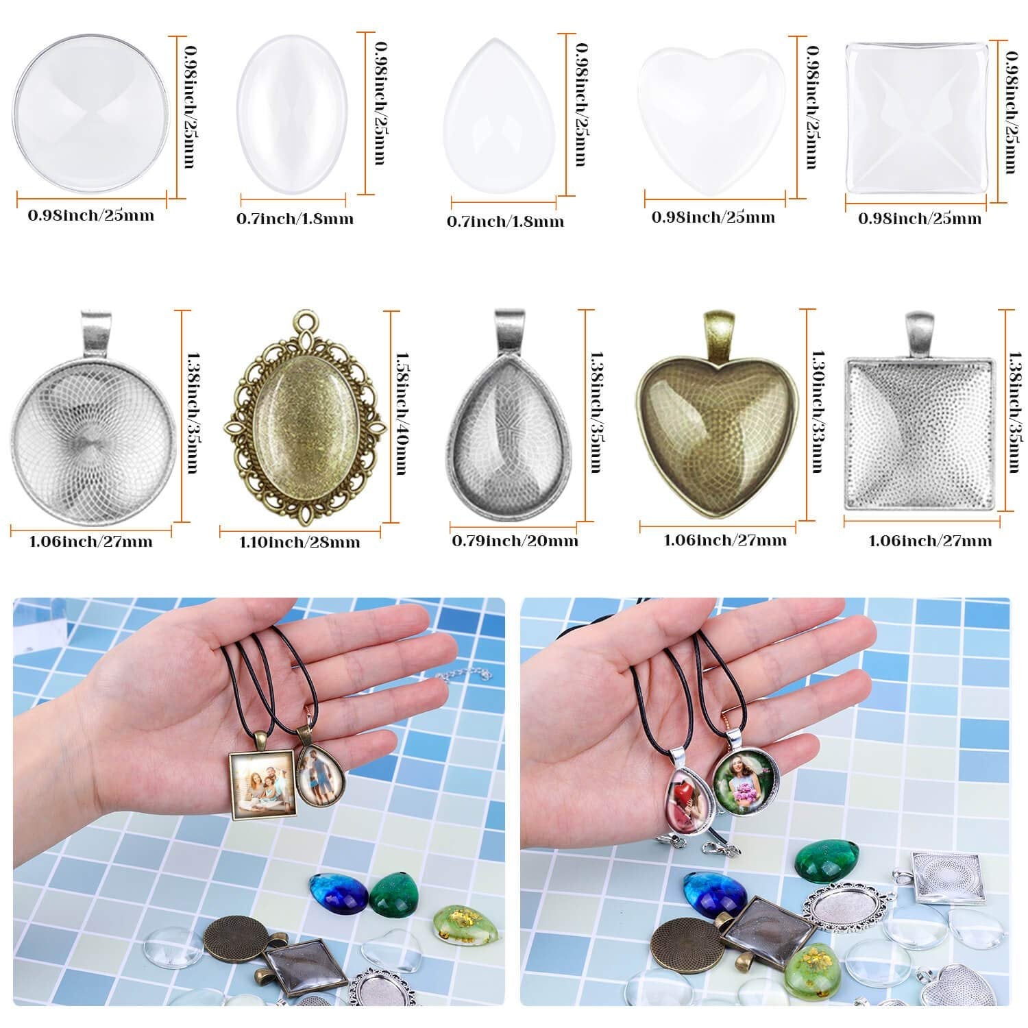 Assortment of bezel pendant trays and glass cabochons in various shapes and sizes, with hands holding finished pendants.