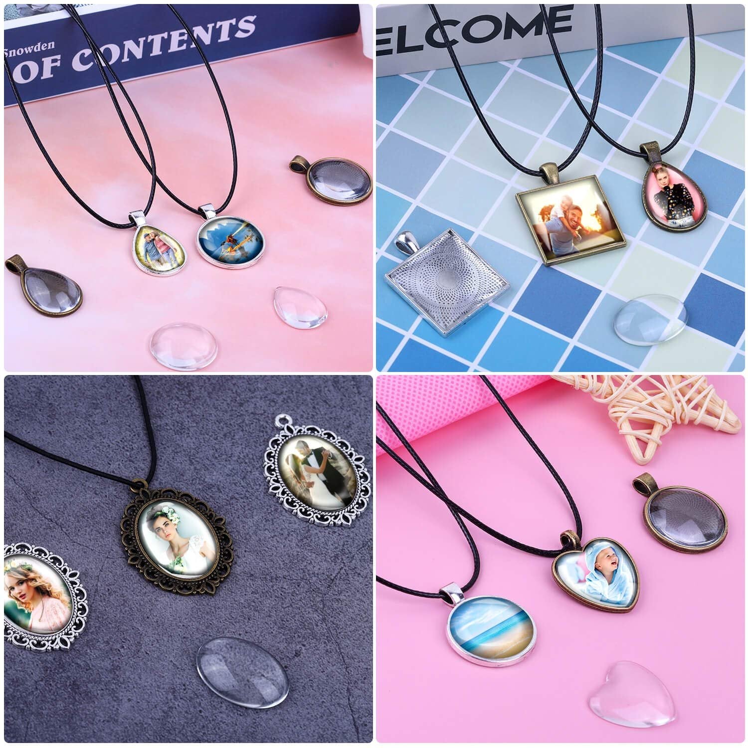 Collage of bezel pendant trays with glass cabochons and necklace cords, showcasing various pendant shapes and styles.