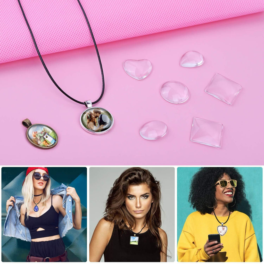 Collage of jewelry making supplies and lifestyle photos showing pendants with images