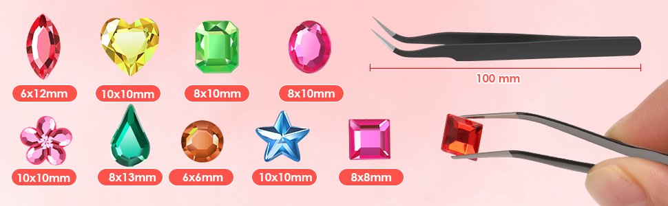 Assorted acrylic craft gems in various shapes and sizes, with tweezers and size indicators.
