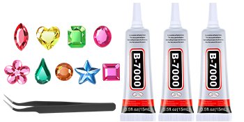 Assorted acrylic craft gems in various shapes and colors with tweezers and three tubes of B-7000 adhesive glue.