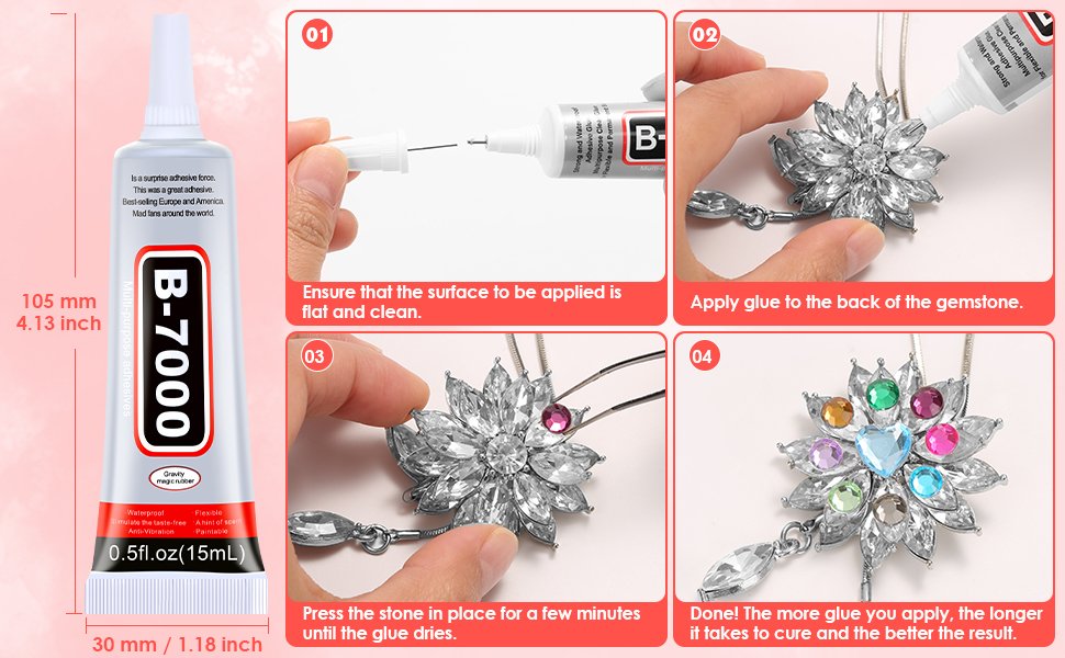 Tube of B-7000 adhesive glue and four-step guide to applying gemstones to jewelry.