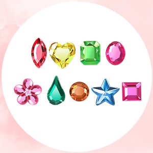 Assorted acrylic craft gems in various shapes and colors including marquise, heart, flower, teardrop, star, and square.