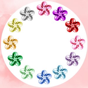 Assorted acrylic flat back craft gems in flower shapes arranged in a circle on a white background with pink watercolor accents.