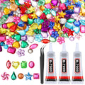 Assorted acrylic craft gems in various shapes and colors with three tubes of B-7000 adhesive and tweezers.