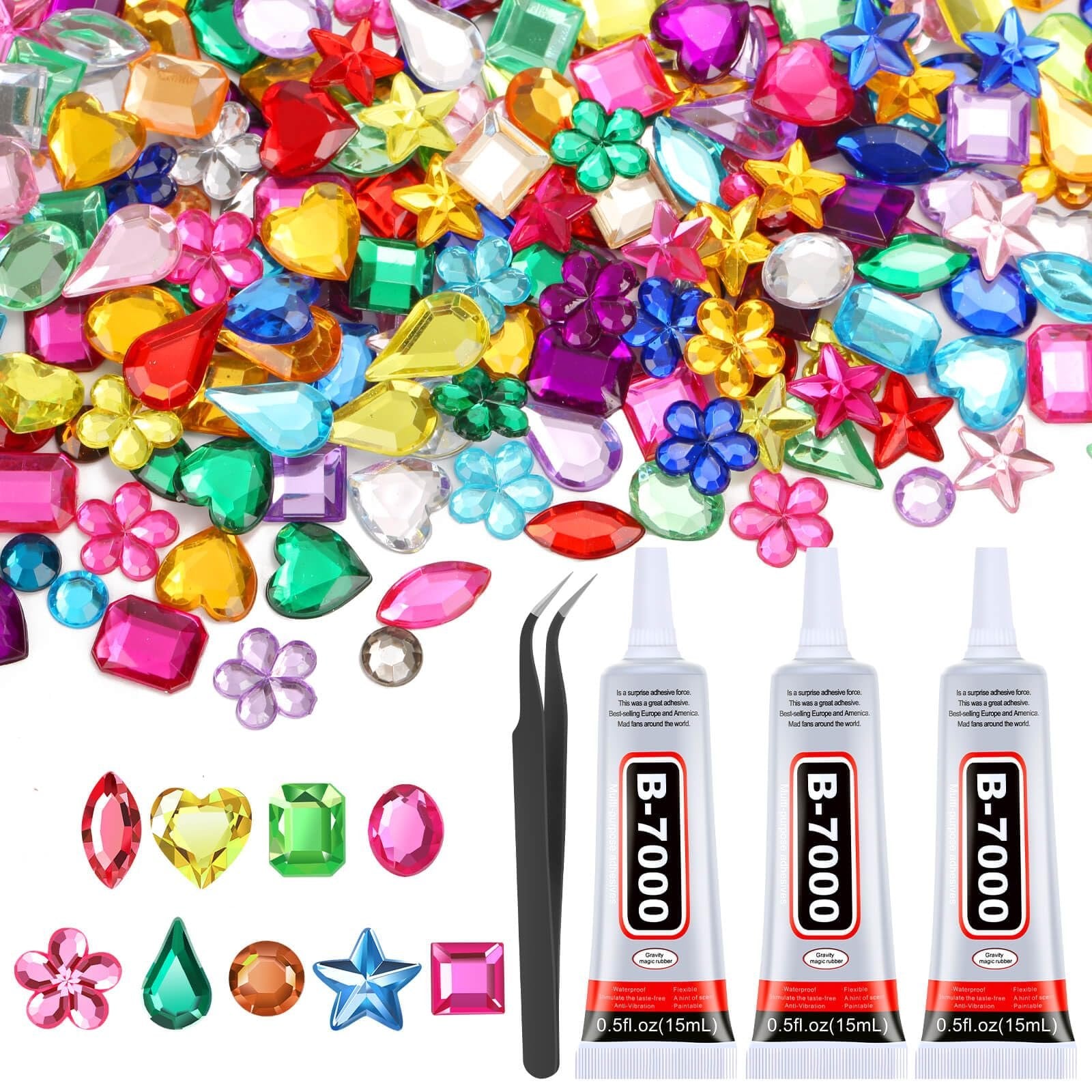 Assorted acrylic craft gems in various shapes and colors with three tubes of B-7000 adhesive and tweezers.