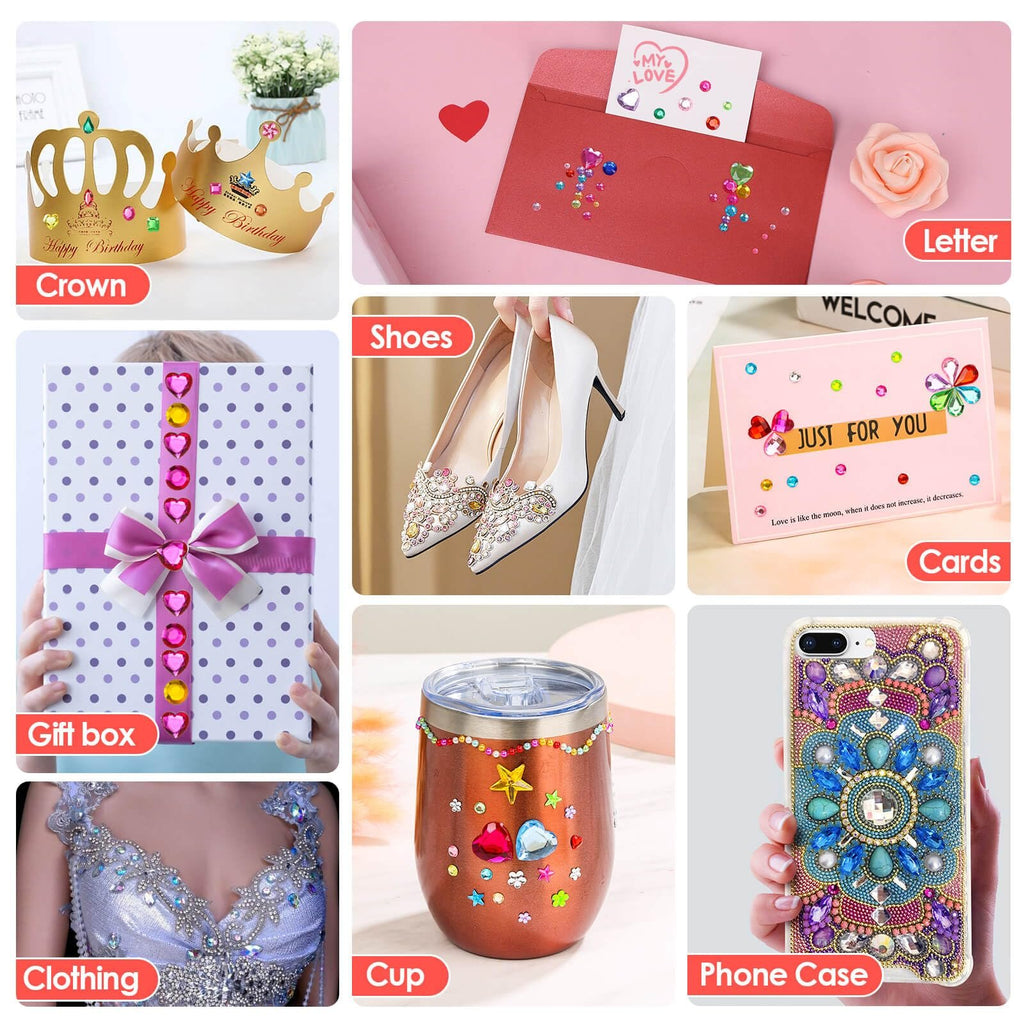 Collage of craft projects decorated with assorted acrylic gems: crowns, envelope, gift box, shoes, card, cup, clothing, and phone case.