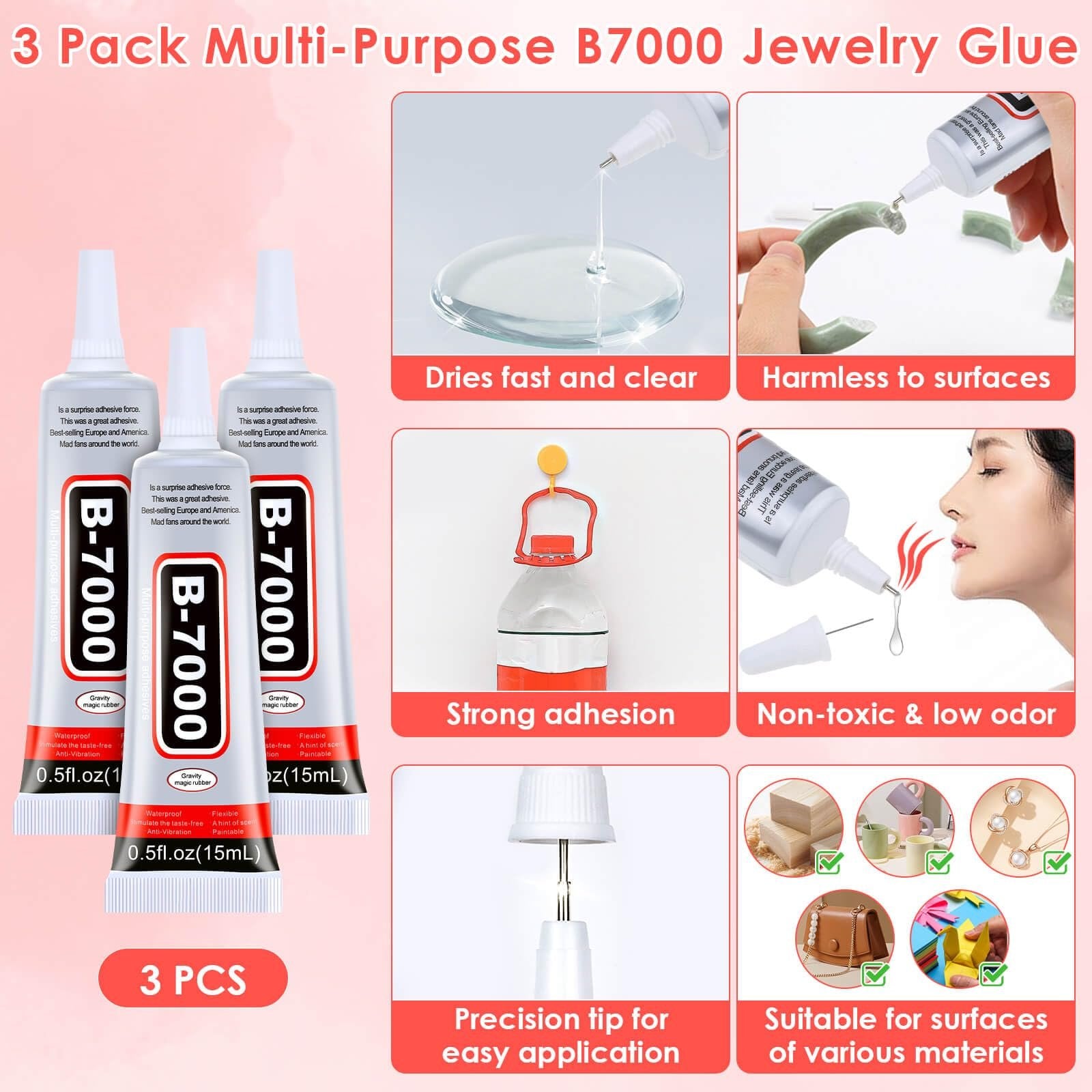 Three tubes of B-7000 jewelry glue shown with various application examples and benefits.