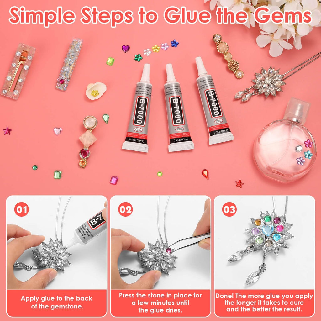 Three tubes of B-7000 adhesive glue and assorted craft gems arranged on a pink background, with a three-step tutorial below showing how to apply glue to a gemstone.