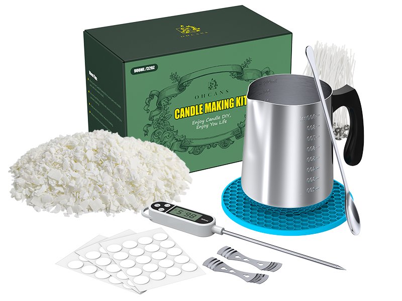 Candle making kit contents including wax flakes, metal pitcher, thermometer, wicks, stickers, and holders.
