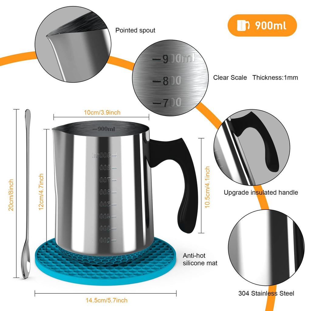 Stainless steel pouring pitcher with measurements, spoon, and silicone mat, showing dimensions and features.