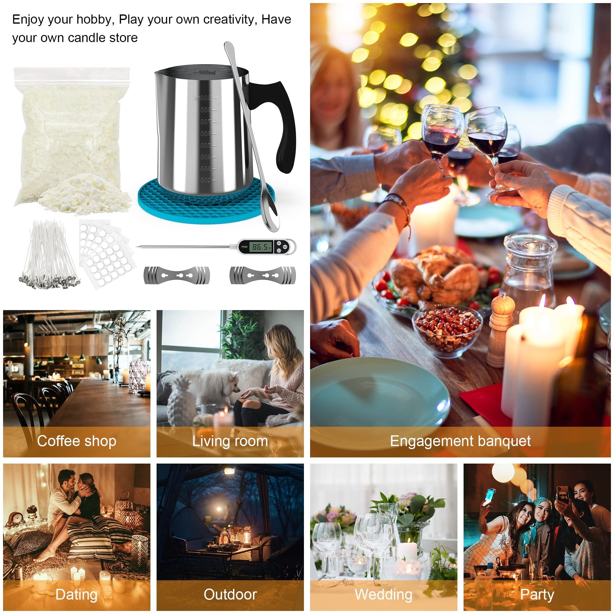 Soy candle making kit contents including wax flakes, pouring pitcher, spoon, wicks, stickers, wick holders, and thermometer, with lifestyle images of candle use.