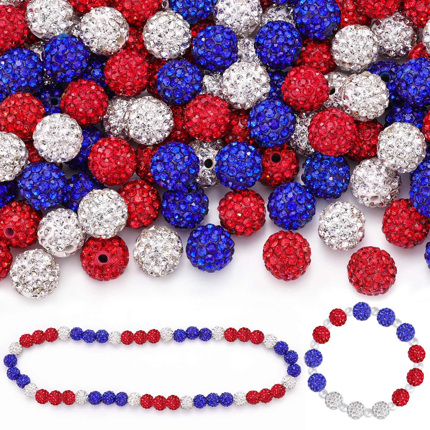 Red, white, and blue rhinestone disco beads scattered and arranged into two bracelets on a white background.