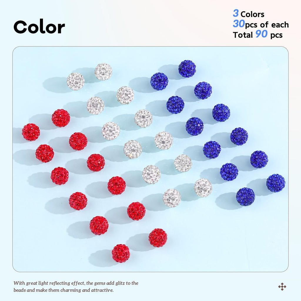 Assortment of 90 red, white, and blue rhinestone beads for jewelry making, displayed on a light blue surface.