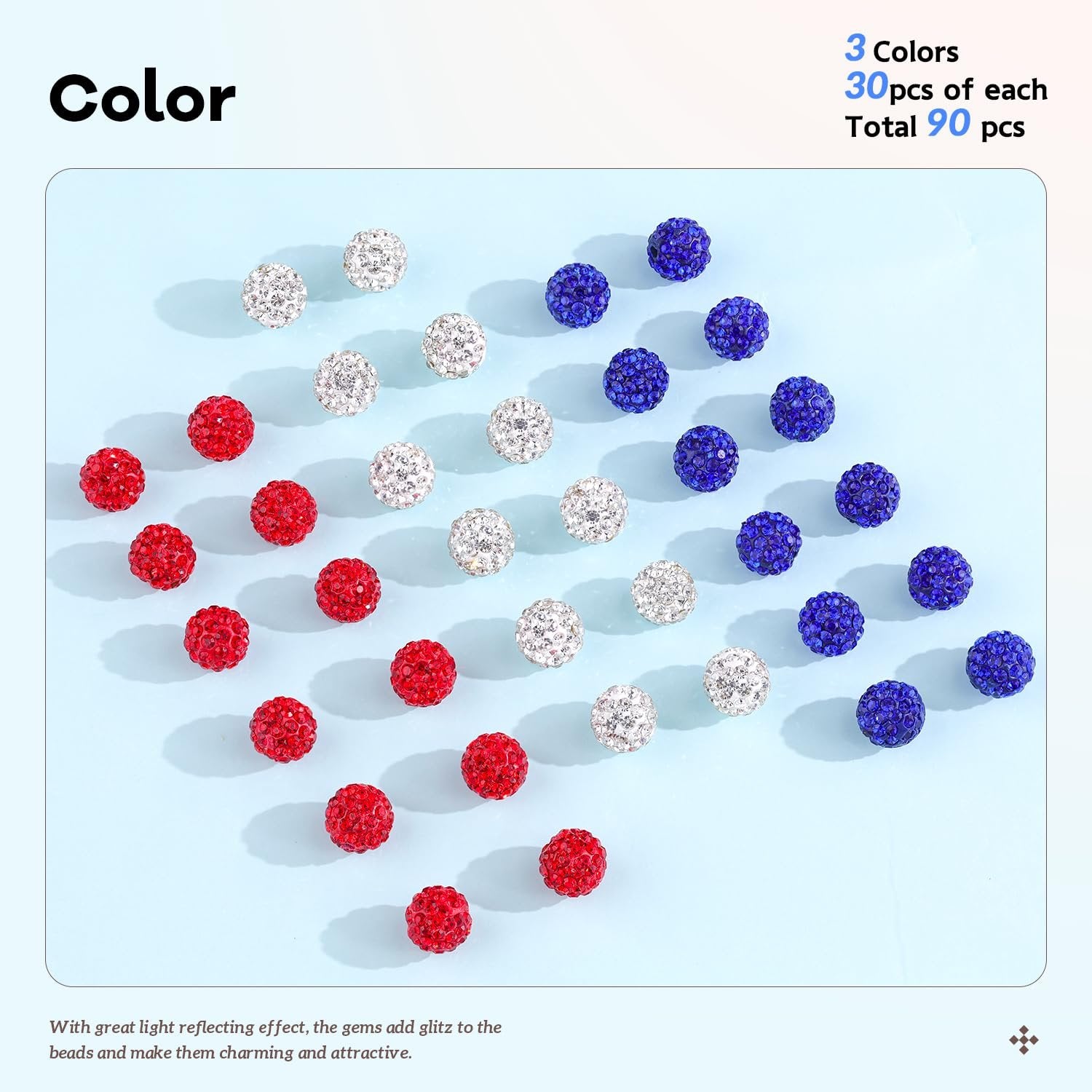 Assortment of 90 red, white, and blue rhinestone beads for jewelry making, displayed on a light blue surface.