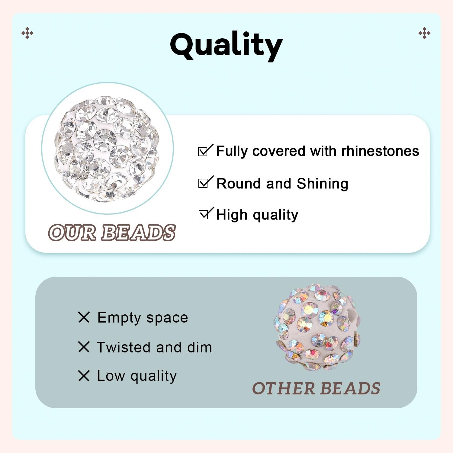 Comparison of rhinestone beads showing quality features versus competitor beads.