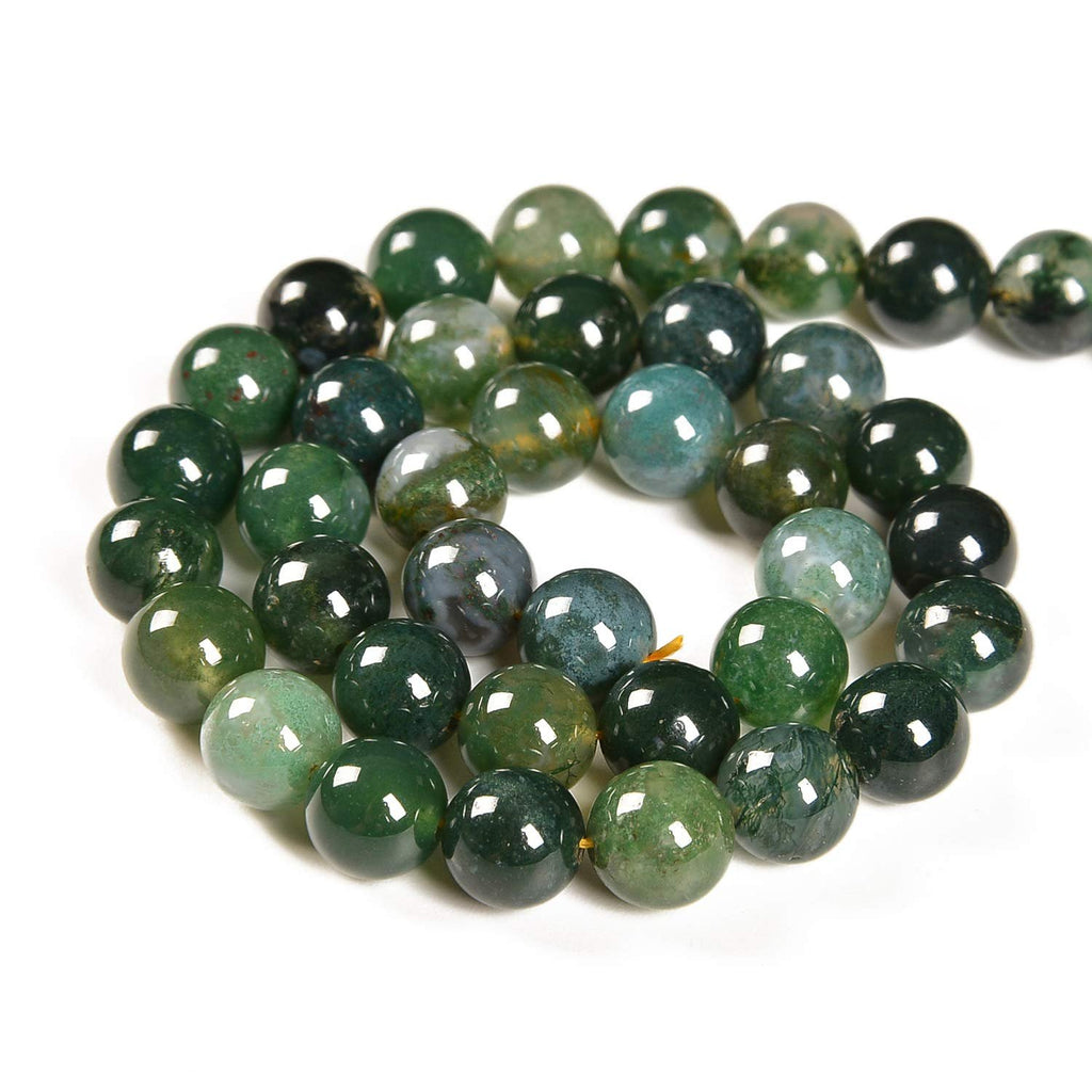 Strand of 4mm round moss agate gemstone beads on a white background.