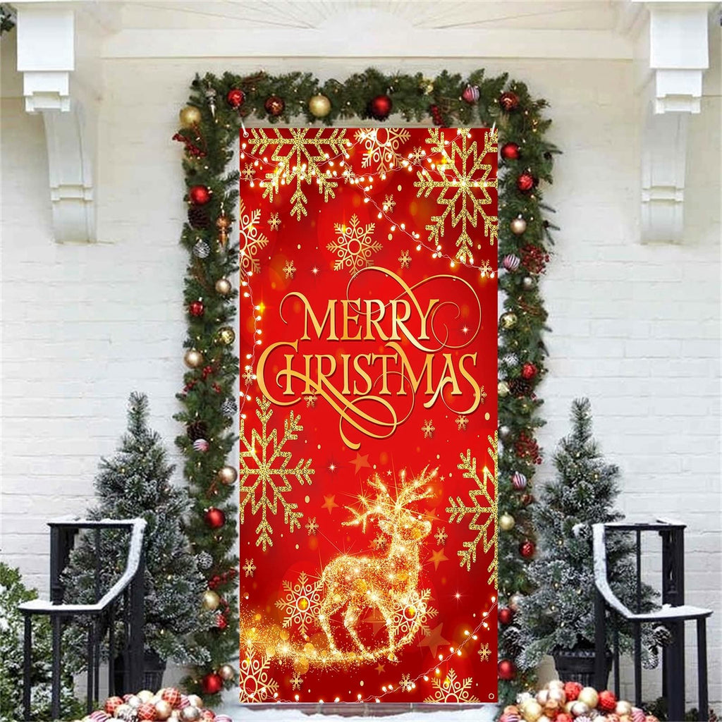 Red glitter fabric Christmas door cover banner with gold snowflakes and a reindeer design, framed by garland and trees.