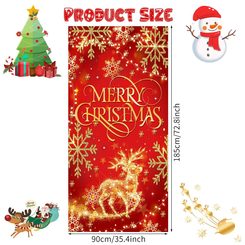 Red glitter fabric Christmas door cover banner with gold reindeer and snowflakes, "Merry Christmas" text, and product dimensions.