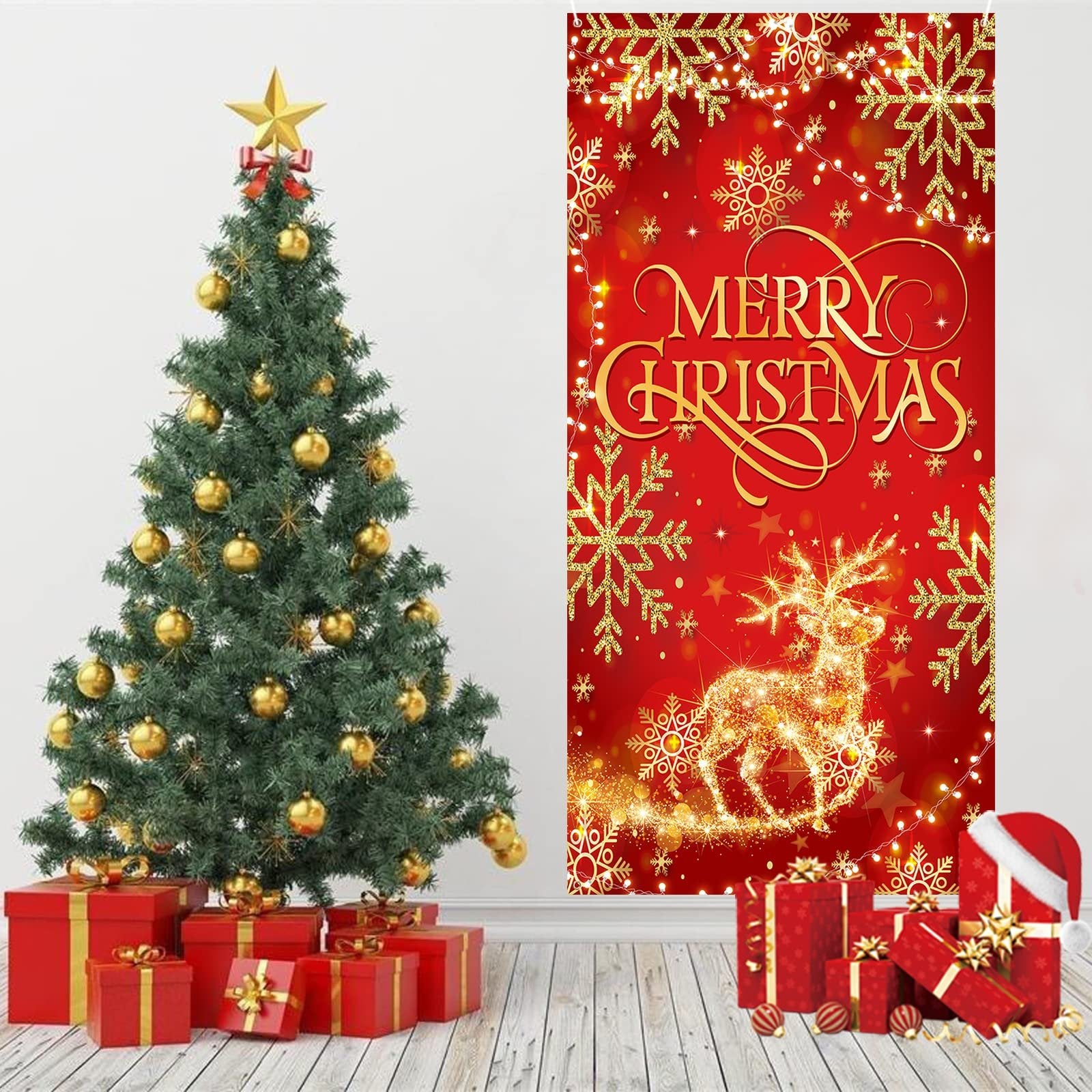 Christmas tree with gold ornaments and presents next to a red glitter fabric banner with 'Merry Christmas' text and a reindeer design.