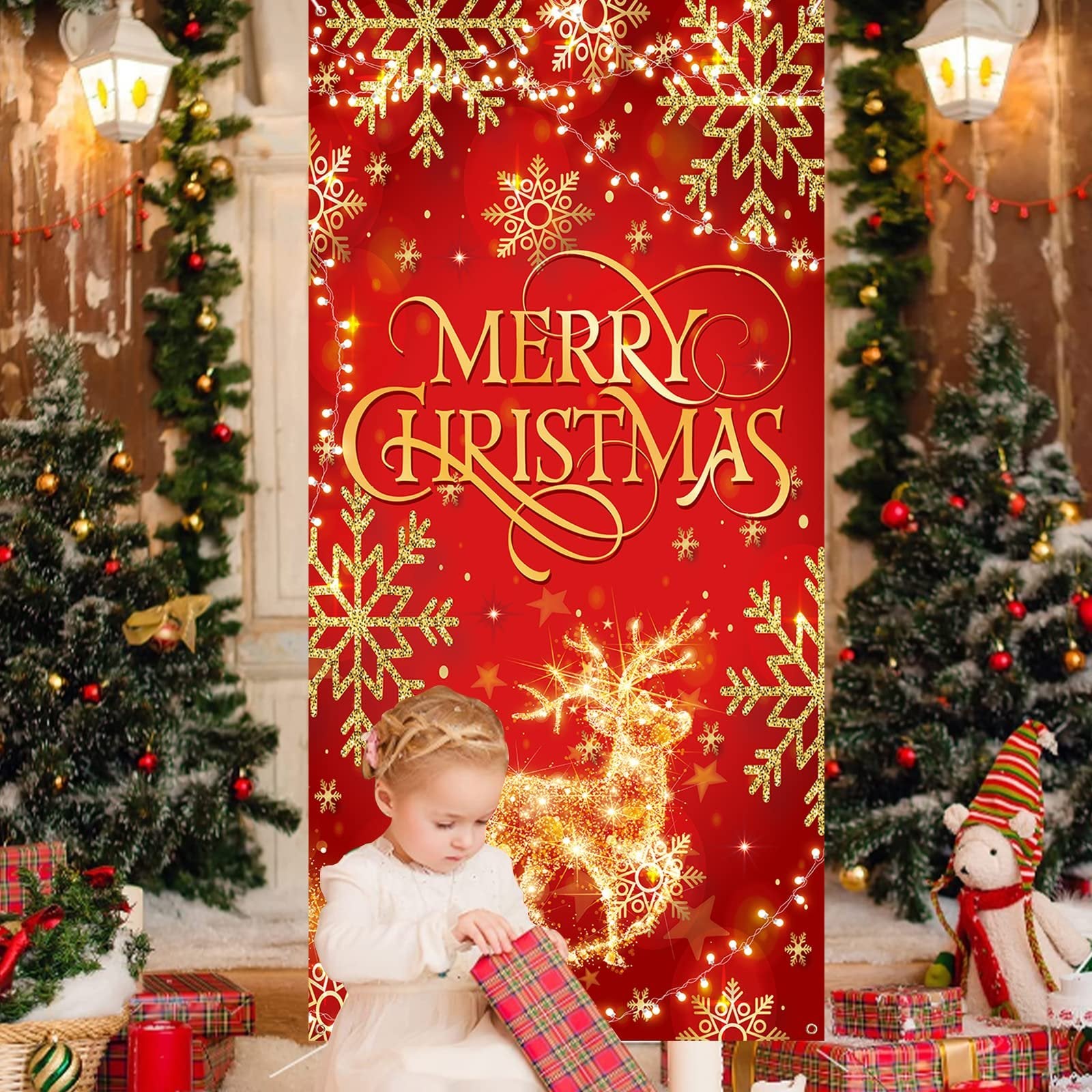 Christmas door cover banner with 'Merry Christmas' text, glitter snowflakes, and a reindeer design, featuring a child opening a gift.