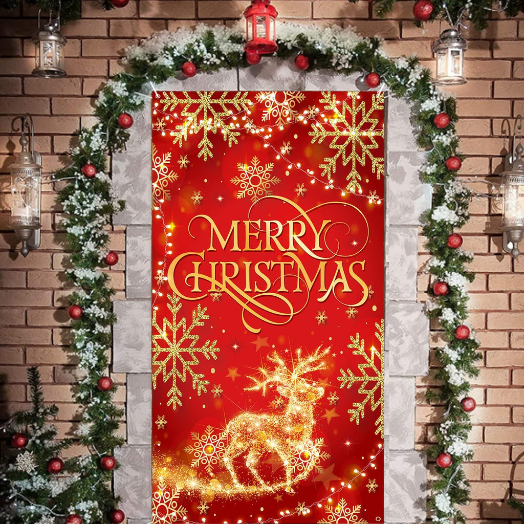 Red glitter fabric Christmas door cover banner with gold snowflakes and a reindeer design, reads 'Merry Christmas'.