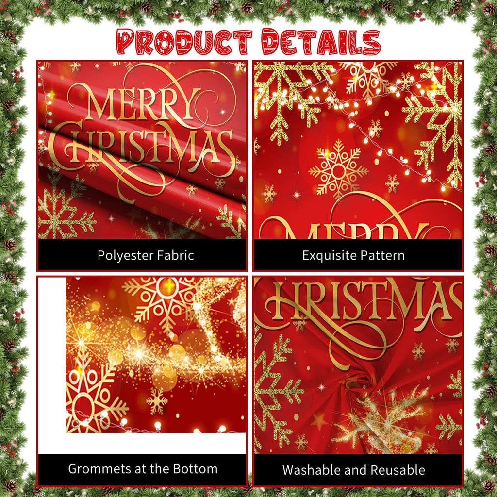 Four panels showing details of a red Christmas banner with gold glitter snowflakes and text. Panels highlight fabric, pattern, grommets, and washability.