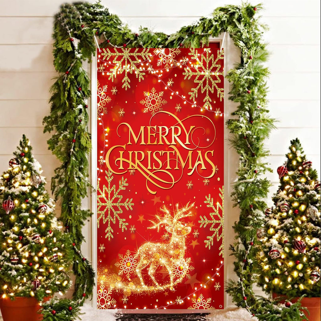 Red glitter Christmas door cover banner with gold snowflakes and a reindeer design, framed by garland and Christmas trees.