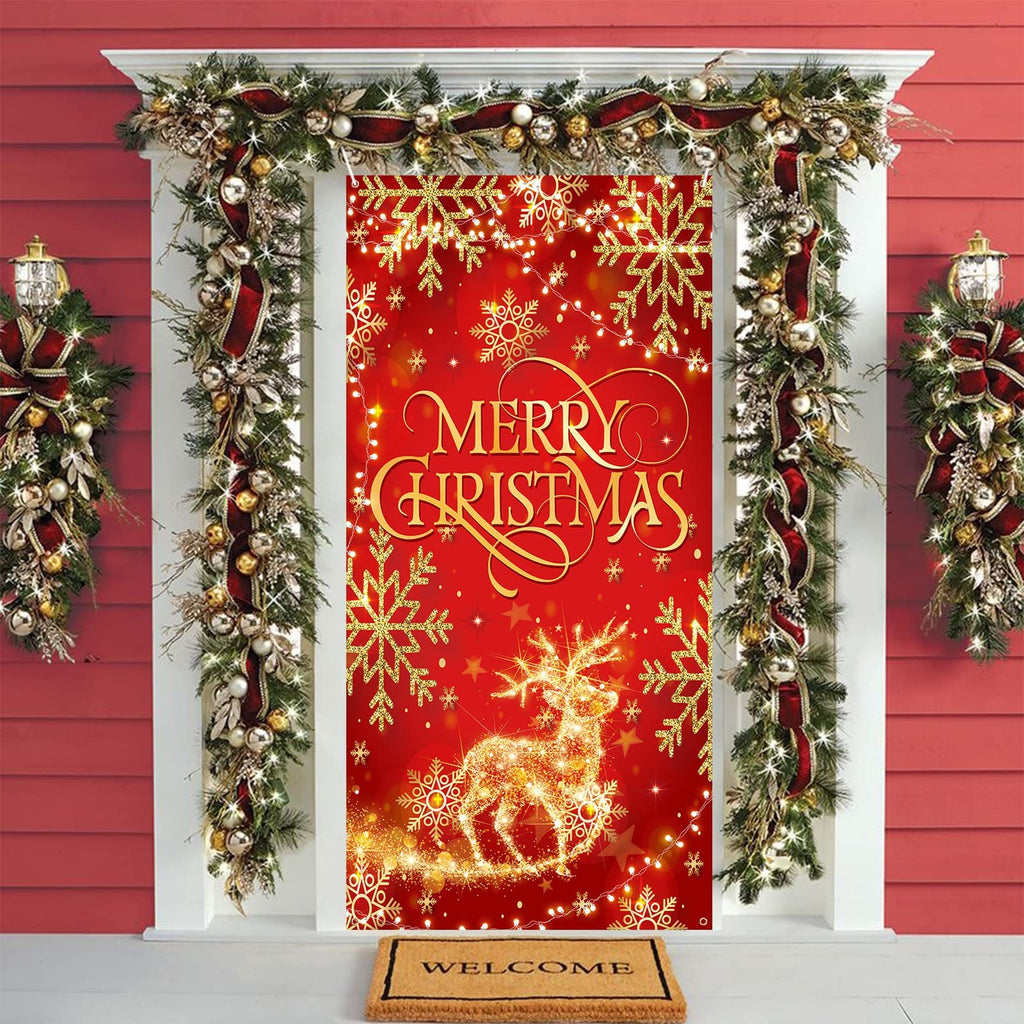 Red glitter Christmas door cover banner with gold snowflakes and a reindeer design, hung on a red door with festive garland.