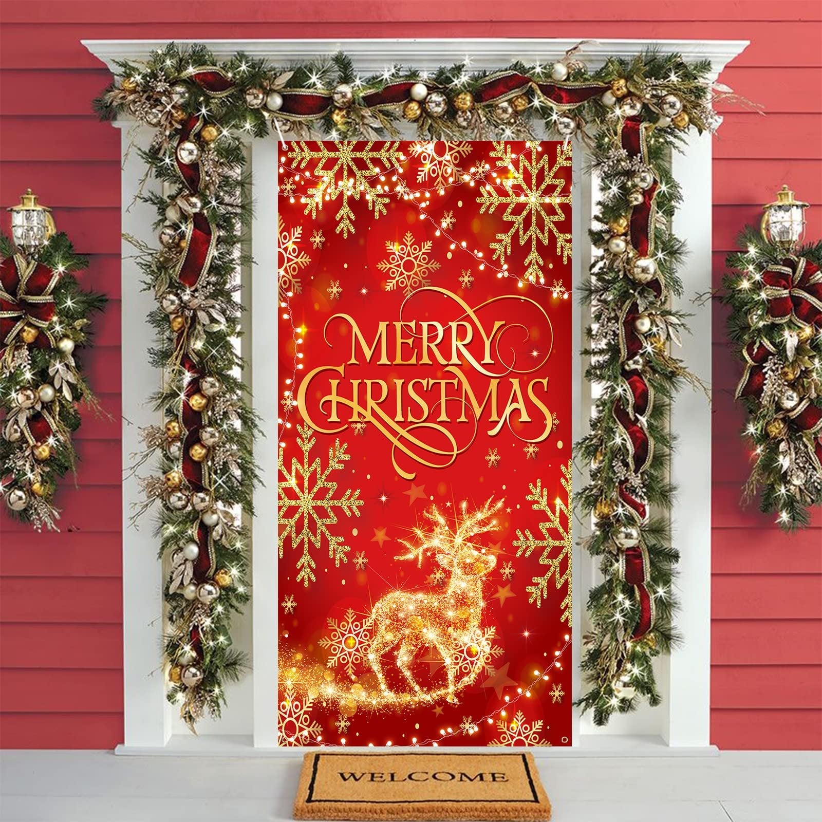 Red glitter Christmas door cover banner with gold snowflakes and a reindeer design, hung on a red door with festive garland.