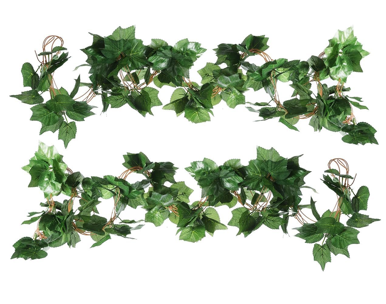 Two strands of artificial grape ivy vine garland with green silk leaves and plastic stems on a white background.