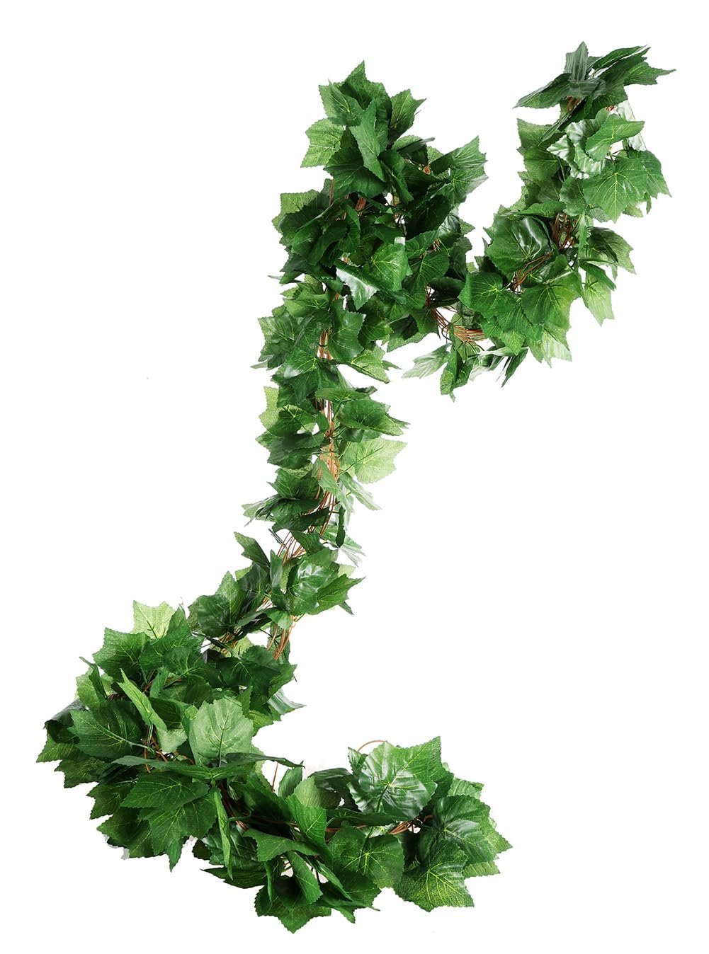 Artificial grape ivy vine garland with green silk leaves on plastic stems, isolated on white.