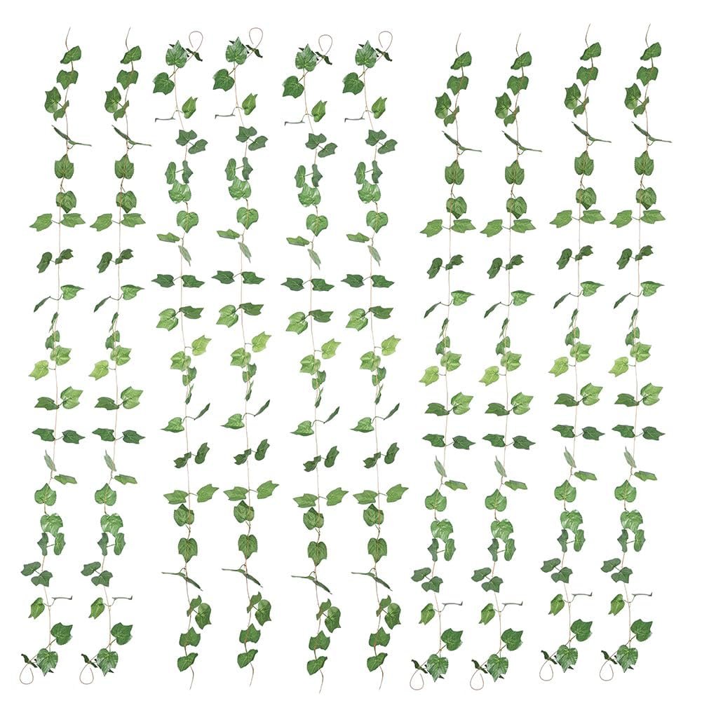 Artificial grape ivy vine garlands with green silk leaves and plastic stems arranged vertically on a white background.