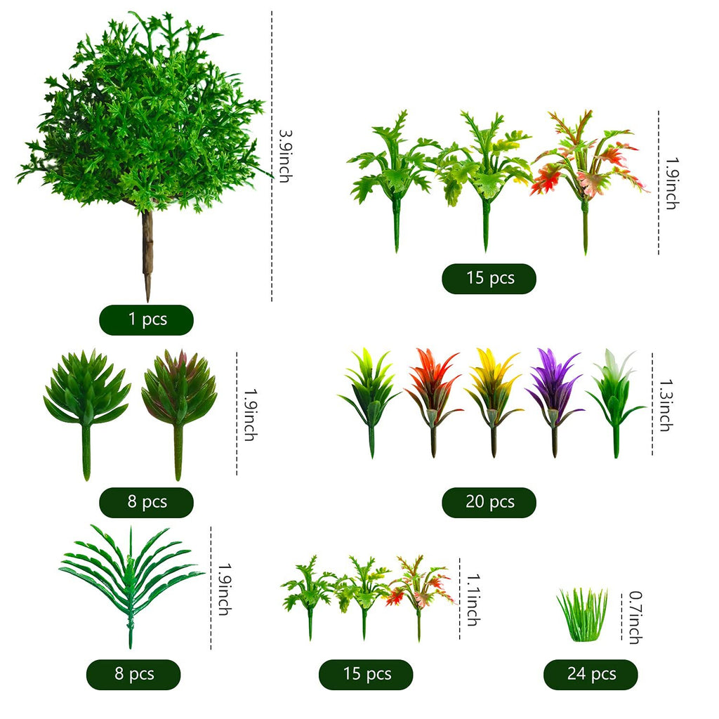 Assortment of 91 miniature artificial trees and plants in various sizes and colors for model scenery.