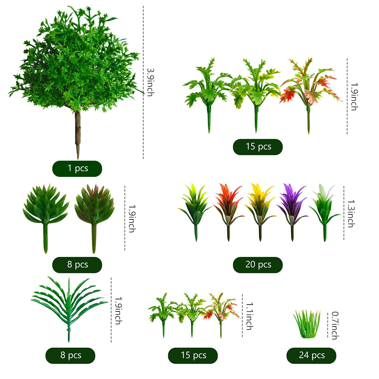 Assortment of 91 miniature artificial trees and plants in various sizes and colors for model scenery.