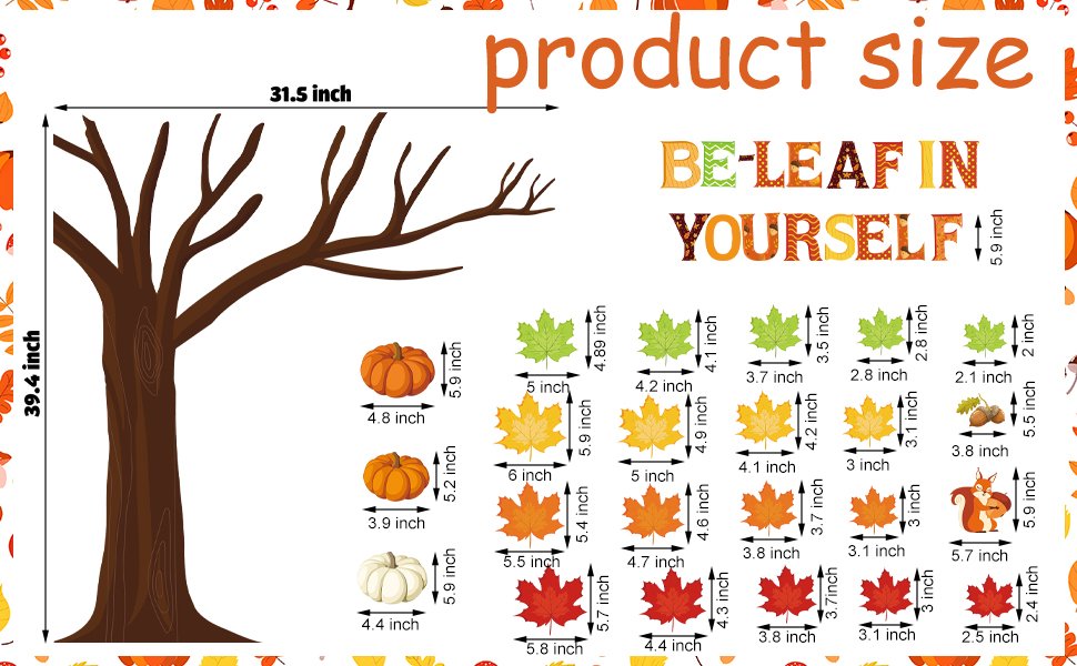 Fall bulletin board set with a large tree, pumpkins, maple leaves, acorns, and a squirrel, with text "BE-LEAF IN YOURSELF!" and size dimensions.
