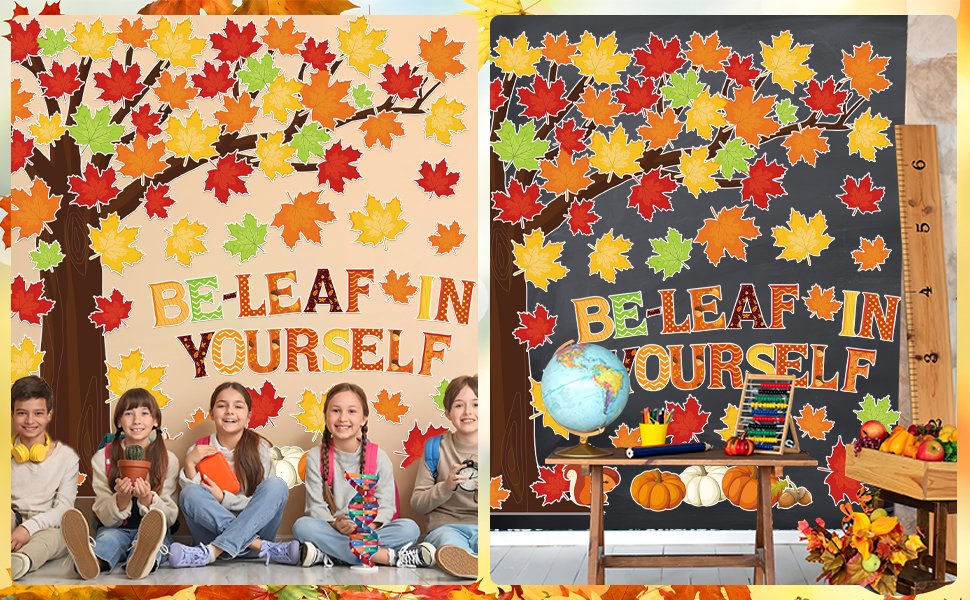 Fall bulletin board display with autumn leaves, pumpkins, and 'Be-Leaf In Yourself' text, shown with children and classroom items.