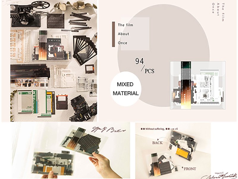 Film scrapbook paper kit contents with vintage camera, film rolls, and assorted decorative papers and stickers.
